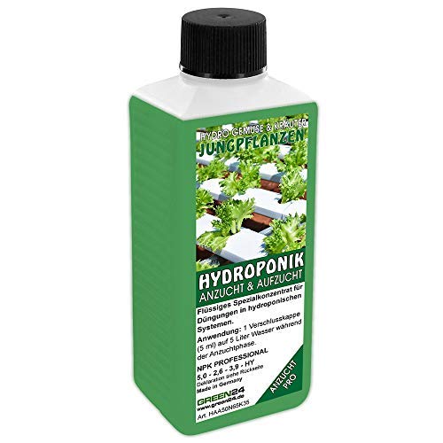 GREEN24 Hydro-Anzucht Nährlösung NPK Voll-Dünger für Kräuter & Gemüse Jungpflanzen in Hydrokultur und Hydroponik Systemen, Home Gardening Dünger 250ml Nährstoffe als Konzentrat (Jungpflanzen Anzucht)