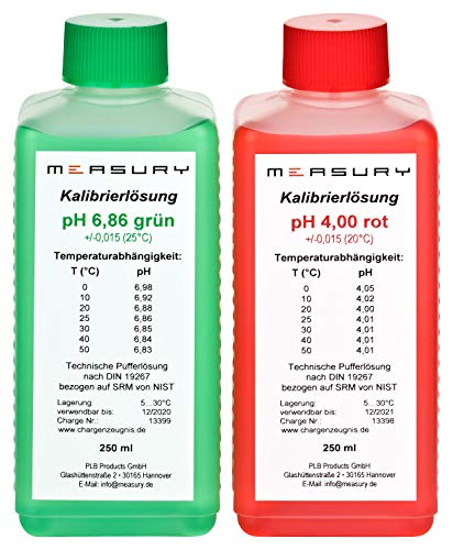 Measury pH Kalibrierlösung 4.00 und 6.86, pH Pufferlösung je 250ml, Eichlösung Rot/Grün, Kalibrierflüssigkeit Set Eichflüssigkeit